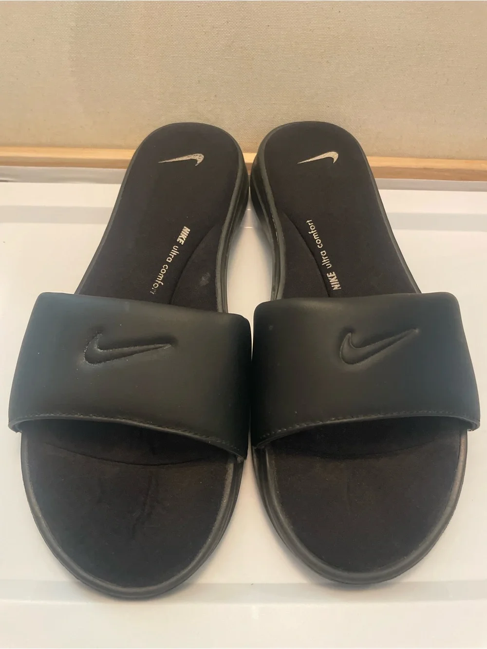 Nike Women's Black Slide Sandals with Embossed Swoosh 9.5